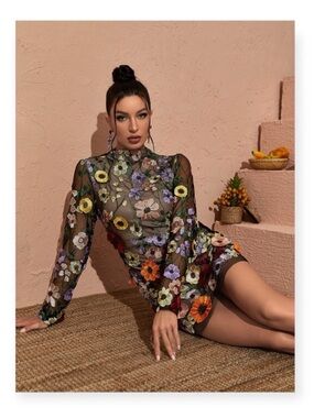 new Mew Mews ❀ Saige Mesh Embroidery Flower Open Back Mini Dress ❀ Black ❀ Large